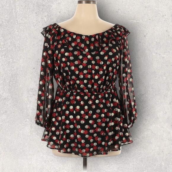 Lane Bryant Plus Size 14-16 Floral Metallic Peasant Blouse Sheer Ruffle Neck - Picture 4 of 6